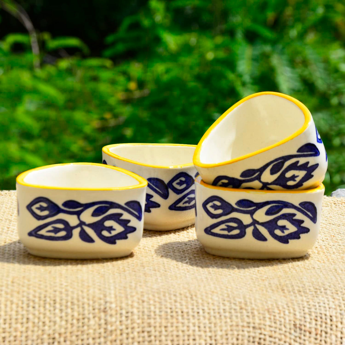 Hand Painted Ceramic Triangular Floral Dip Bowls Set Of 4 - Blue & Yellow, 50ml Each | Chutney Bowls - Ketchup Bowls