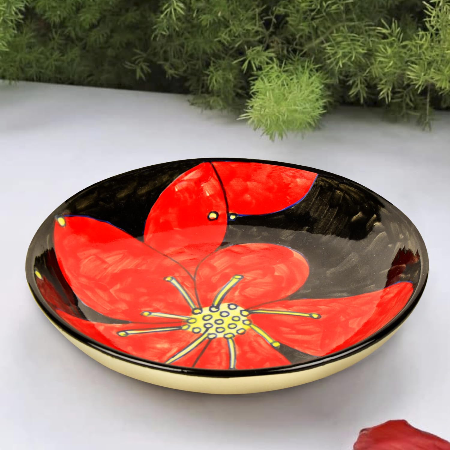 Hand Painted Chic & Sleek Ceramic Shallow Serving Bowl - 8.5 Inches, Red & Black | Salad Bowl, Pasta Serving Bowl - Snack Bowl