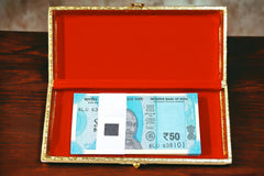 Premium Decorative Designer Mdf Golden Gifting Cash Box, Shagun Box, Jewellery Box, Money Box, Gaddi Box 20x8.5x4cm, Pattern - Embossed Peacock