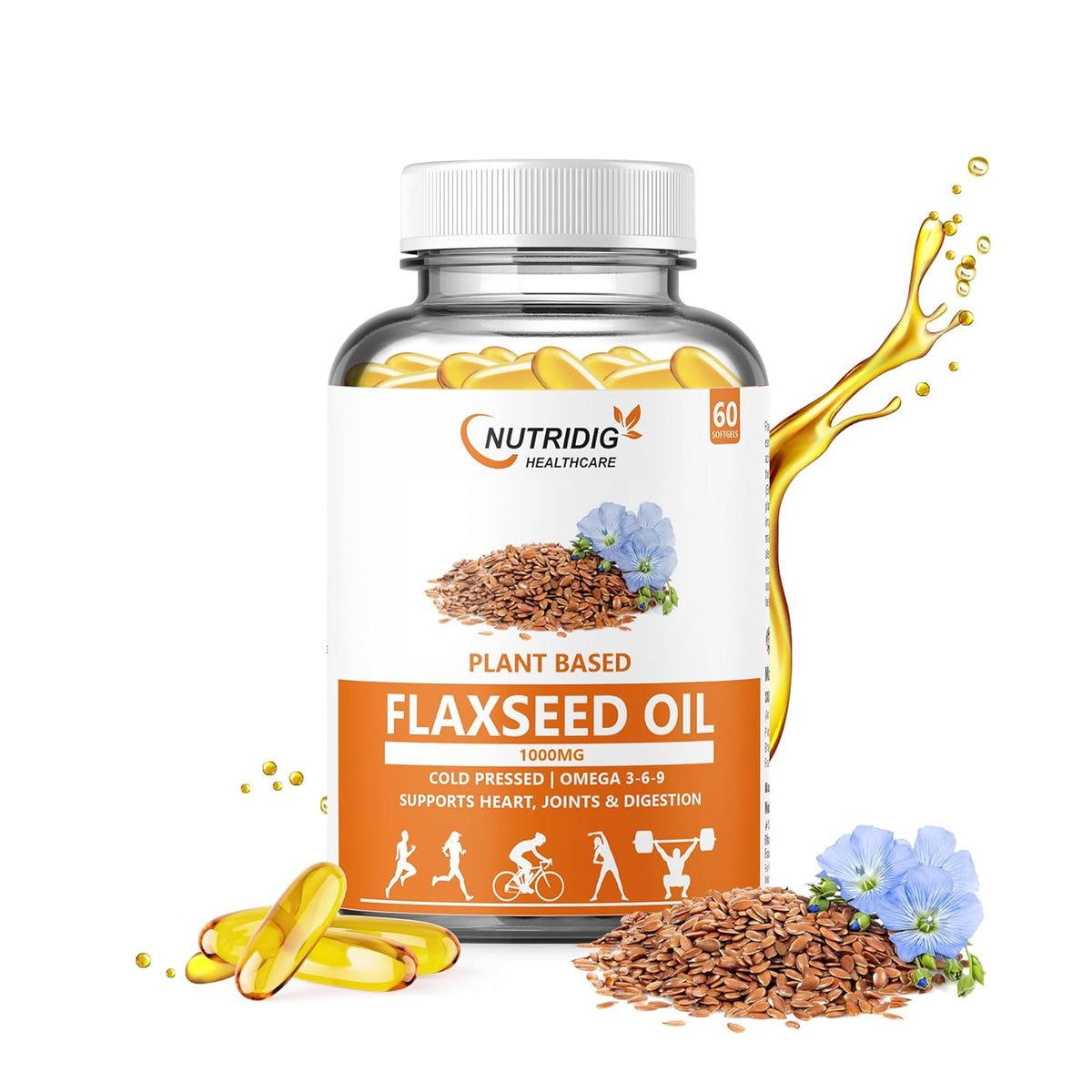 Nutrdig Healthcare 1000mg Flaxseed Oil Softgel Capsules With Omega 3 6 9 For Joint, Heart, Skin & Metabolism | 60 Softgels For Men & Women 100gm 0.2lbs