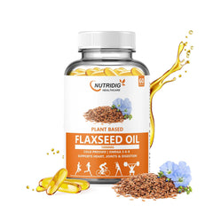 Nutrdig Healthcare 1000mg Flaxseed Oil Soft Gel Capsules With Omega 3-6-9 For Joint, Heart, Skin & Metabolism | 60 Softgels For Men & Women 100gm 0.2lbs