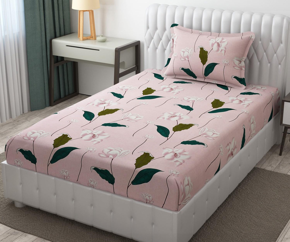 Microfiber Single Bedsheet Set With 1 Pillow Covers (60 X 90 Inches) Pink & Green | Durable & Long-Lasting | 144 Thread Count | Wrinkle Free