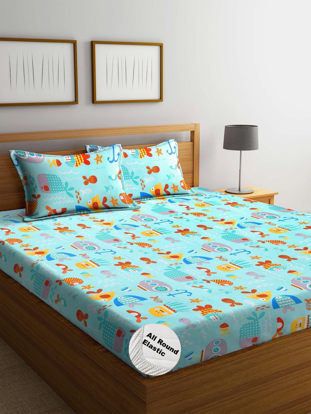Cartoon Printed Double Bedsheet For Kids With 2 Pillow Cover - 72 X 78 X 10 Inches, Multicolor | Cotton Feel All Around Elastic Fitted King Size Double Bed