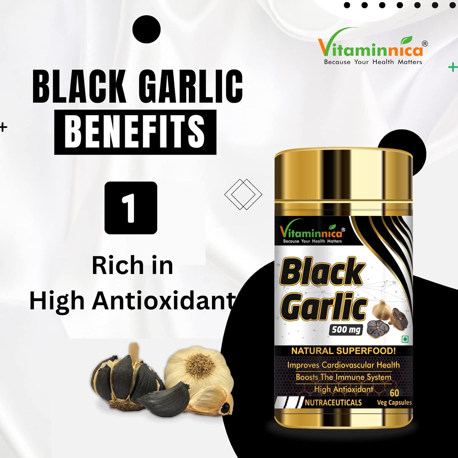 Vitaminnica Natural Black Garlic Capsules Superfood Immunity Booster, Heart & Weight Management, Detox Antioxidant Supplement | 60 Veg Capsules 100gm 0.2lbs