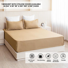 Luxurious Satin Stripe Soft Flat Bedsheets 2 Pillow Covers, Double Size - 84 X 90 Inches, Taupe | Good For Home, Hotel, Villa, Resort & Guest House
