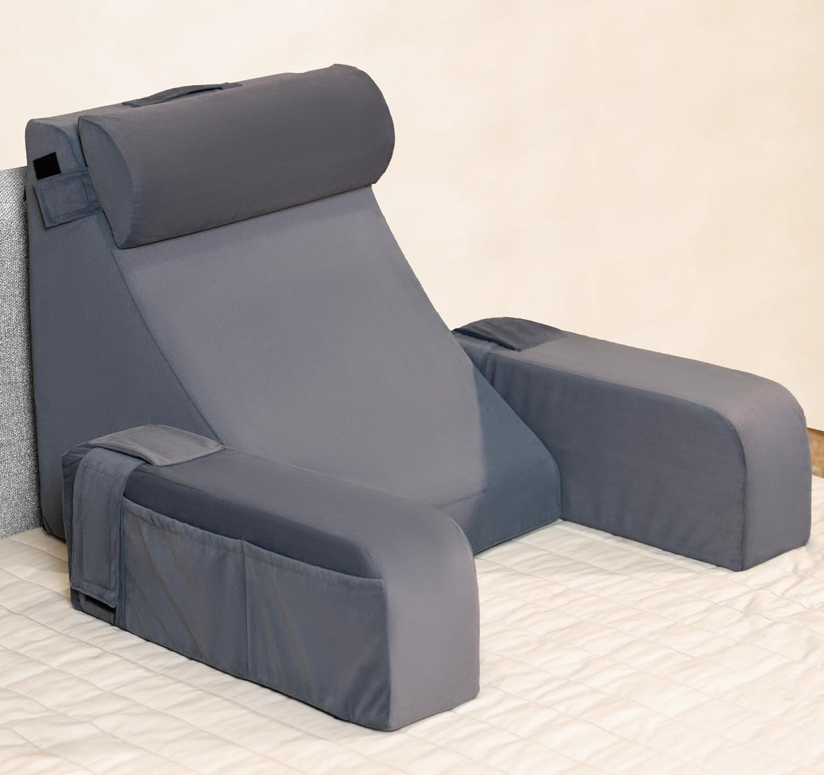 Reading Pillow With Arm Support & Headrest, Backrest Pillow For Bed, Grey | High-Resilience Foam Bed Back Support Pillow For Reading, Working & Relaxing | Removable Velvet Cover