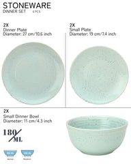 Handcrafted Ceramic Stoneware Dinner Set Of 6 Pcs - Mint Green | 2 Dinner Plates, 10.6 Inch Each + 2 Small Plates, 7.4 Inch Each + 2 Small Dinner Bowl, 180ml Each | Microwave & Dishwasher Safe