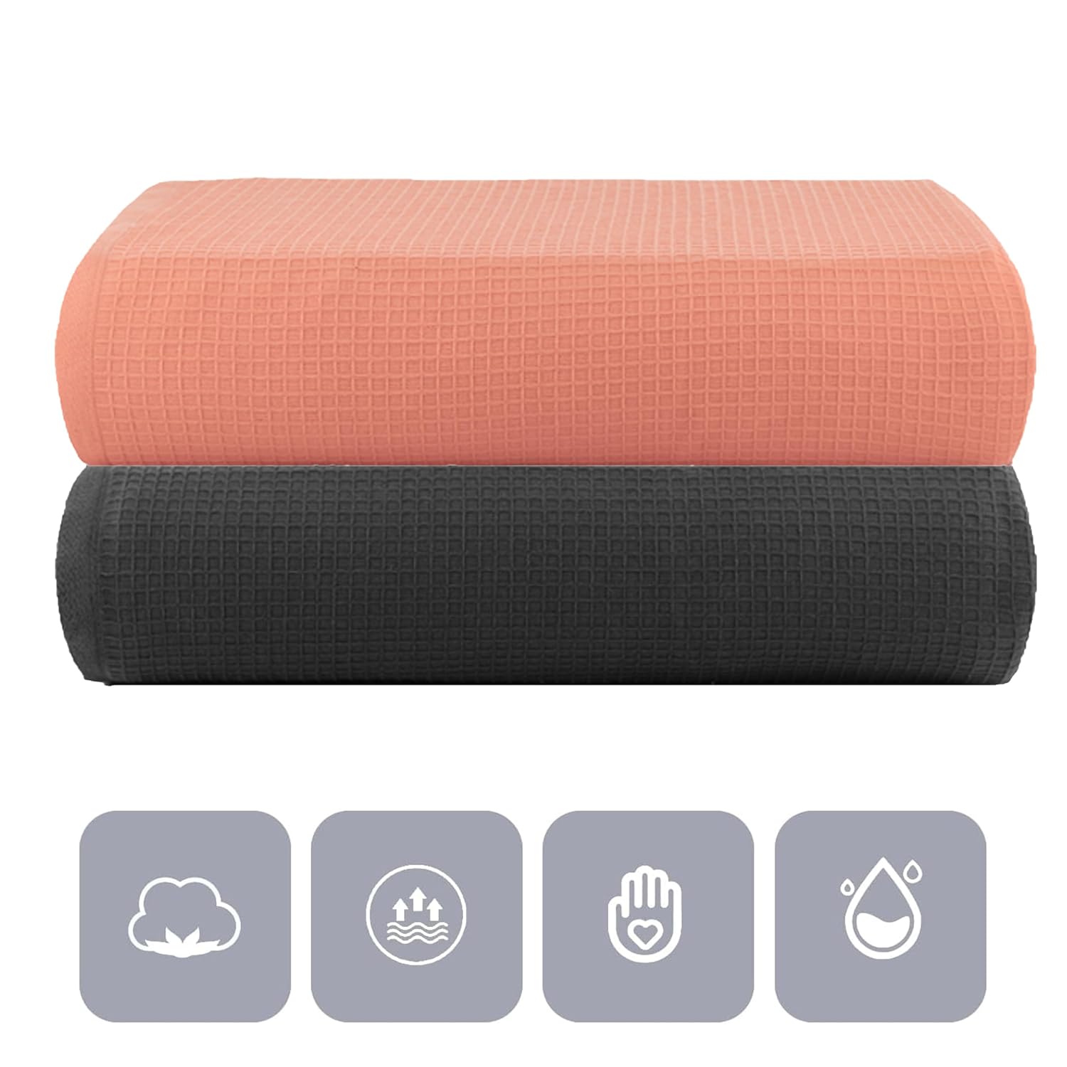 Casa Copenhagen Designed In Denmark Waffle Super Soft 2 Pieces 100% Cotton Large Bath Towel 525 Gsm - Pine Grey & Malibu Peach