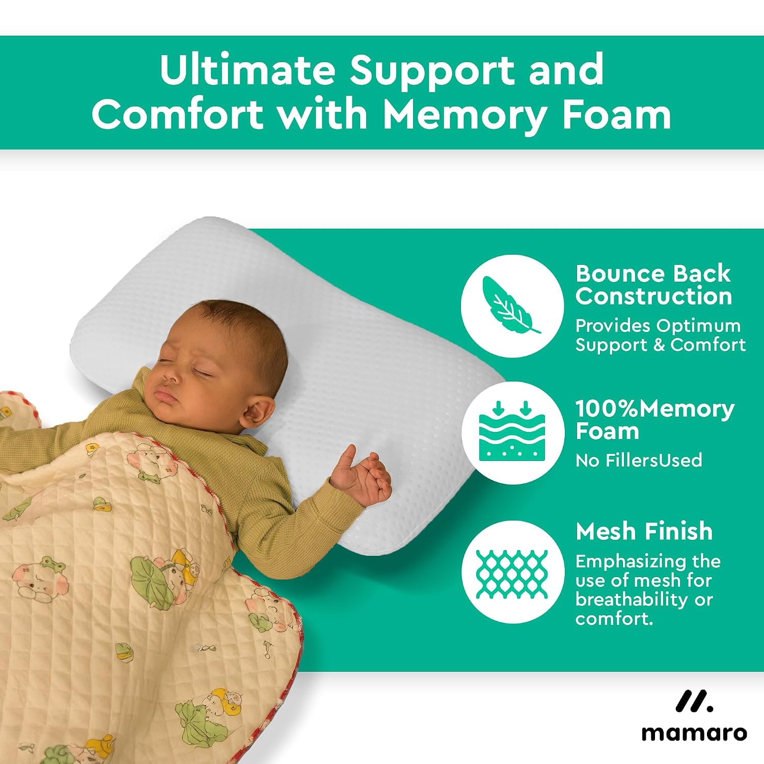 Memory Foam Baby Pillow, For Neck & Back Support, White - 20.5 X 11.5 X 2.5 Inches | Soft, Comfortable Sleeping Pillow For Newborns, Toddlers, Boys & Girls | Head Shaping, Baby Pillows