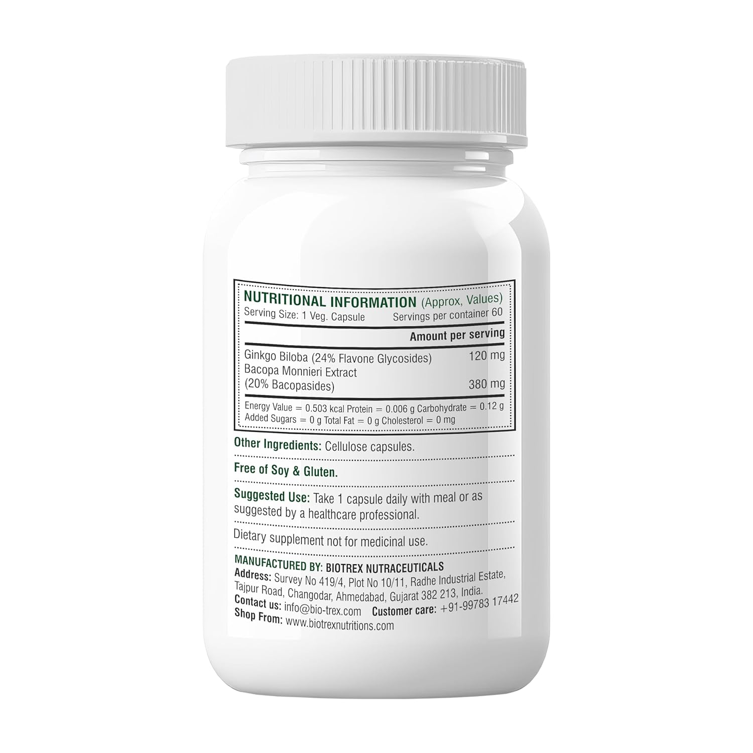 Biotrex Nutraceuticals Ginkgo Biloba With Brahmi 500mg, Supports Memory & Better Concentration, Healthy Blood Circulation, 24% Flavone Glycosides | 60 Veg Capsules 100gm 0.2lbs