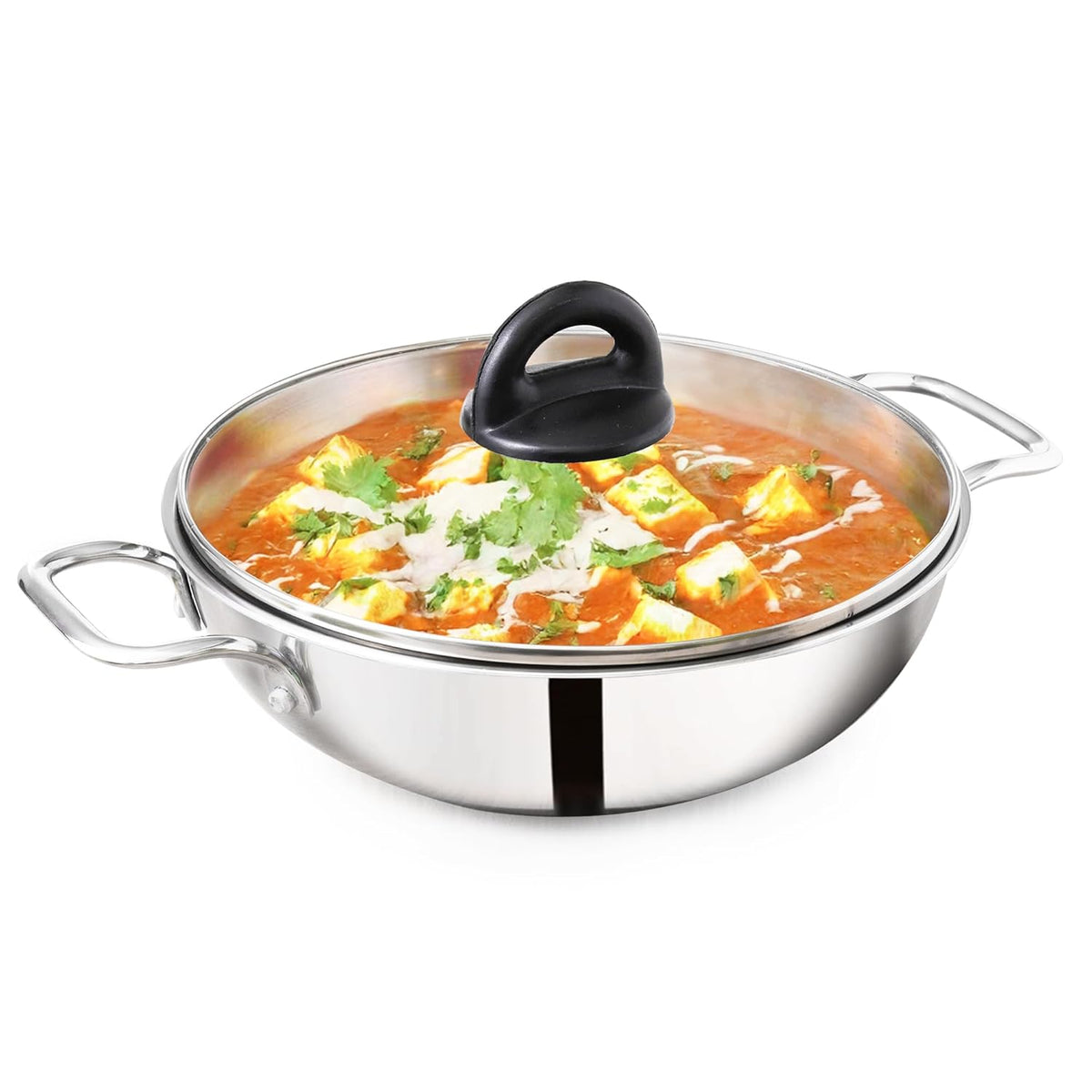 Triply Stainless Steel Kadai With Glass Lid For 5-6 People - Large 26cm, 10.2 Inch, 3.5 Liters, 1.3 Kg | Induction Friendly, Nonstick 3-Layer Body, 100% Pure & Toxin-Free