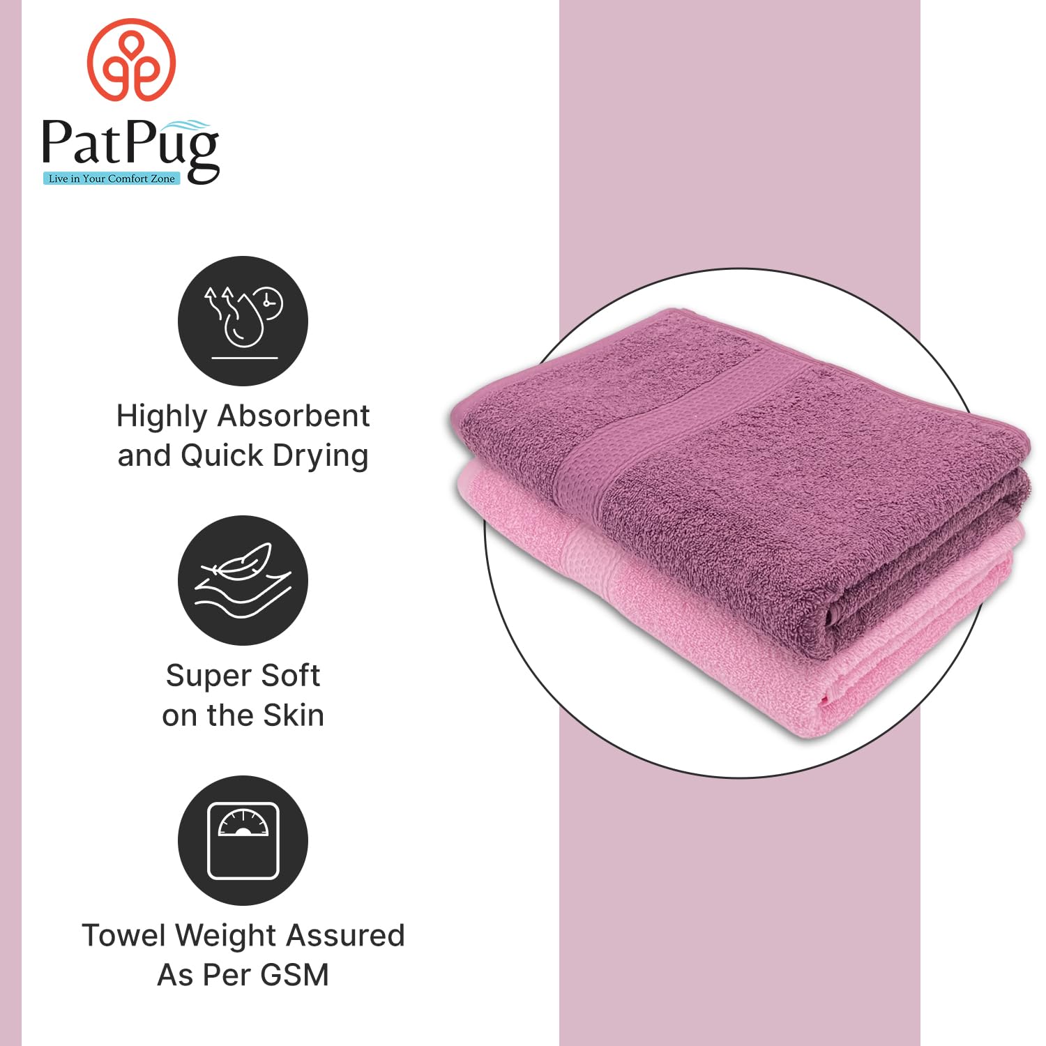PatPug 100% Indian Ultra Soft Cotton 450 Gsm Bath Towel Large Bath Towel | Highly Absorbent Quick Drying Durable Towel For Men, Women & Kids (Mahogany & Baby Pink)