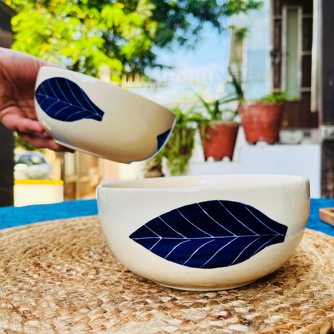 Patram Hand Painted Ceramic Dinner Set - 10 Pieces, White & Blue | 4 Dinner Plates + 4 Katori Bowls, 180ml Each+ 2 Serving Bowls, 800ml Each Dinnerware Set | Serving For 4, Microwave Safe