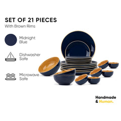 Ceramic Dinner Set Of 21 Pcs, Midnight Blue | Crockery Set - Dining Sets Crockery Items | 6 Dinner Plates+ 6 Quarter Plates+ 6 Veg Bowls, 180ml Each+ 2 Medium Bowls, 1000ml Each+ 1 Large Bowl, 1500ml