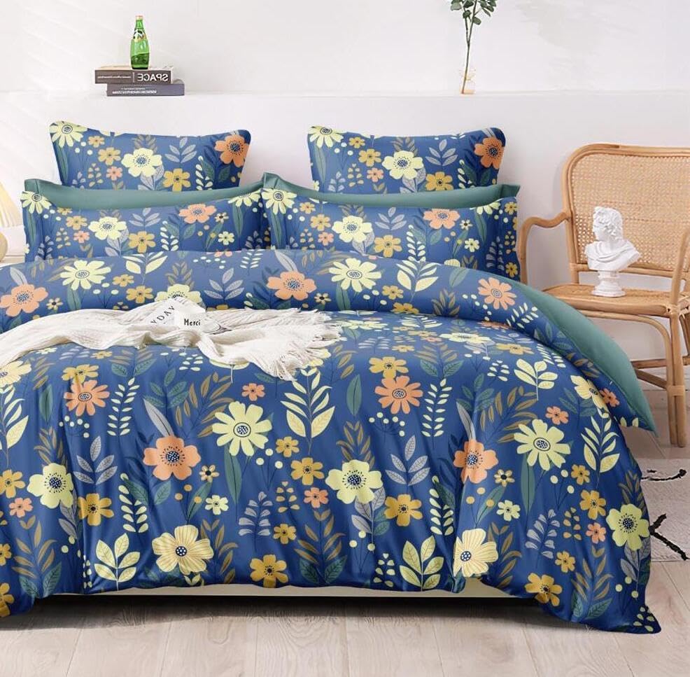 Double Bedsheet For King Size With 2 Matching Pillow Covers - 108 X 108 Inches, Dark Blue | Glace Cotton Printed Bedsheet Lightweight, Soft & Smooth - Ideal For Home, Guest House