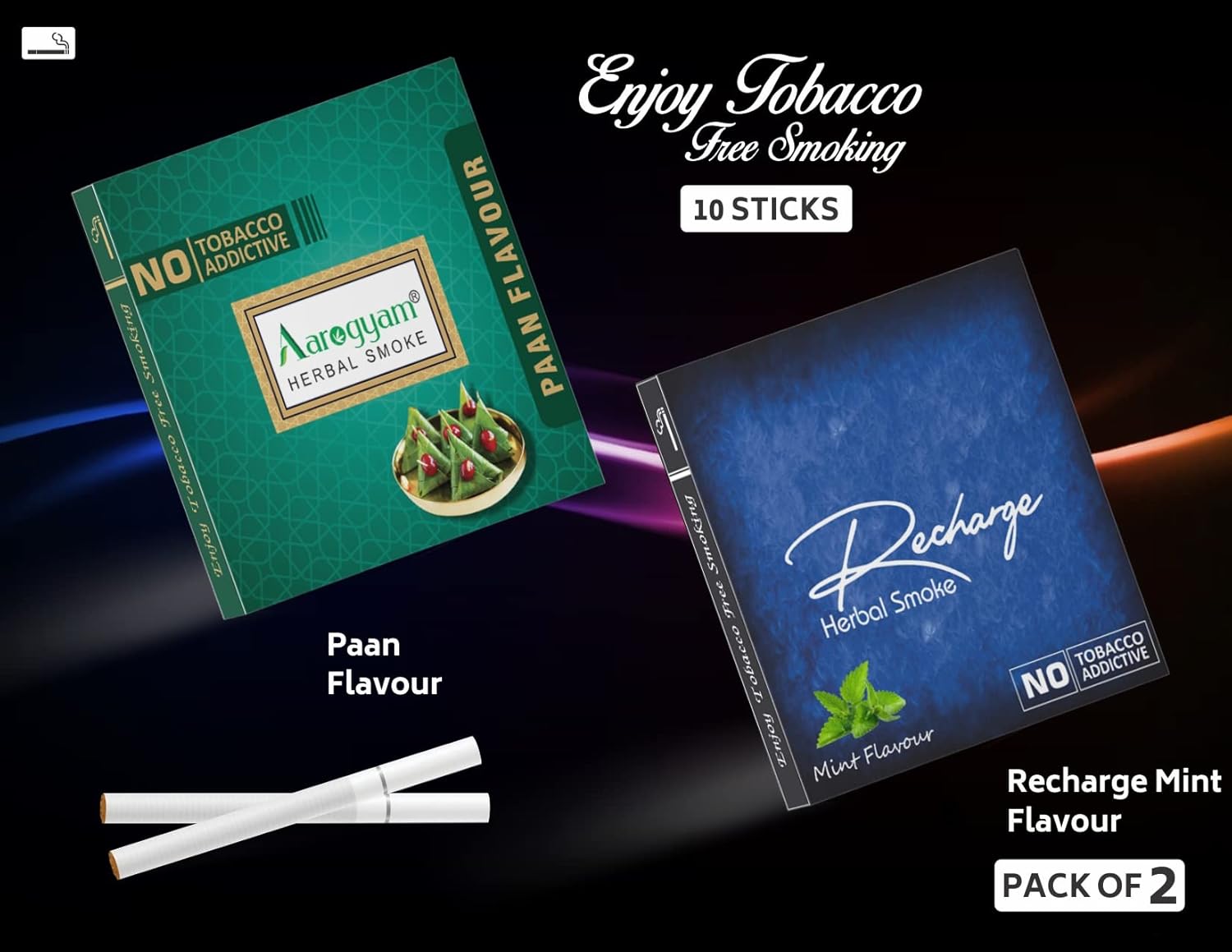 Aarogyam Herbals Pack Of 2 Flavours 100% Tobacco & Nicotine Free Cigarette For Relieve Stress & Mood Enhance Product Paan, Recharge - 10 Sticks X 2 Packets