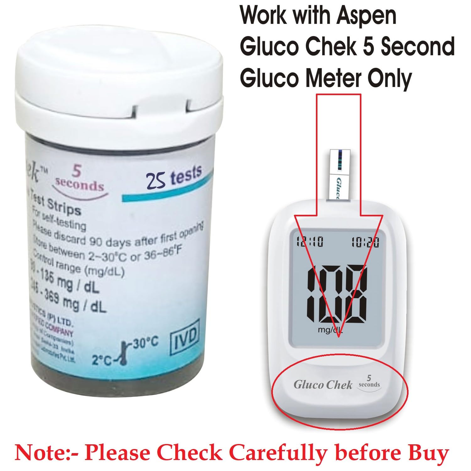 Aspen Gluco Chek 5 Sec Blood Glucose Glucometer Test Strips - 25 Strips (Only Strips, No Glucometer)