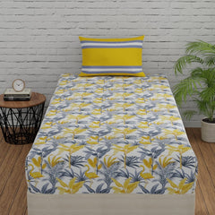 Single Bedsheets With 1 Pillow Cover - 55 X 88 Inches, Flamingo & Stripes Yellow & Grey | Soft & Breathable Fabric | Comfortable For Daily Use