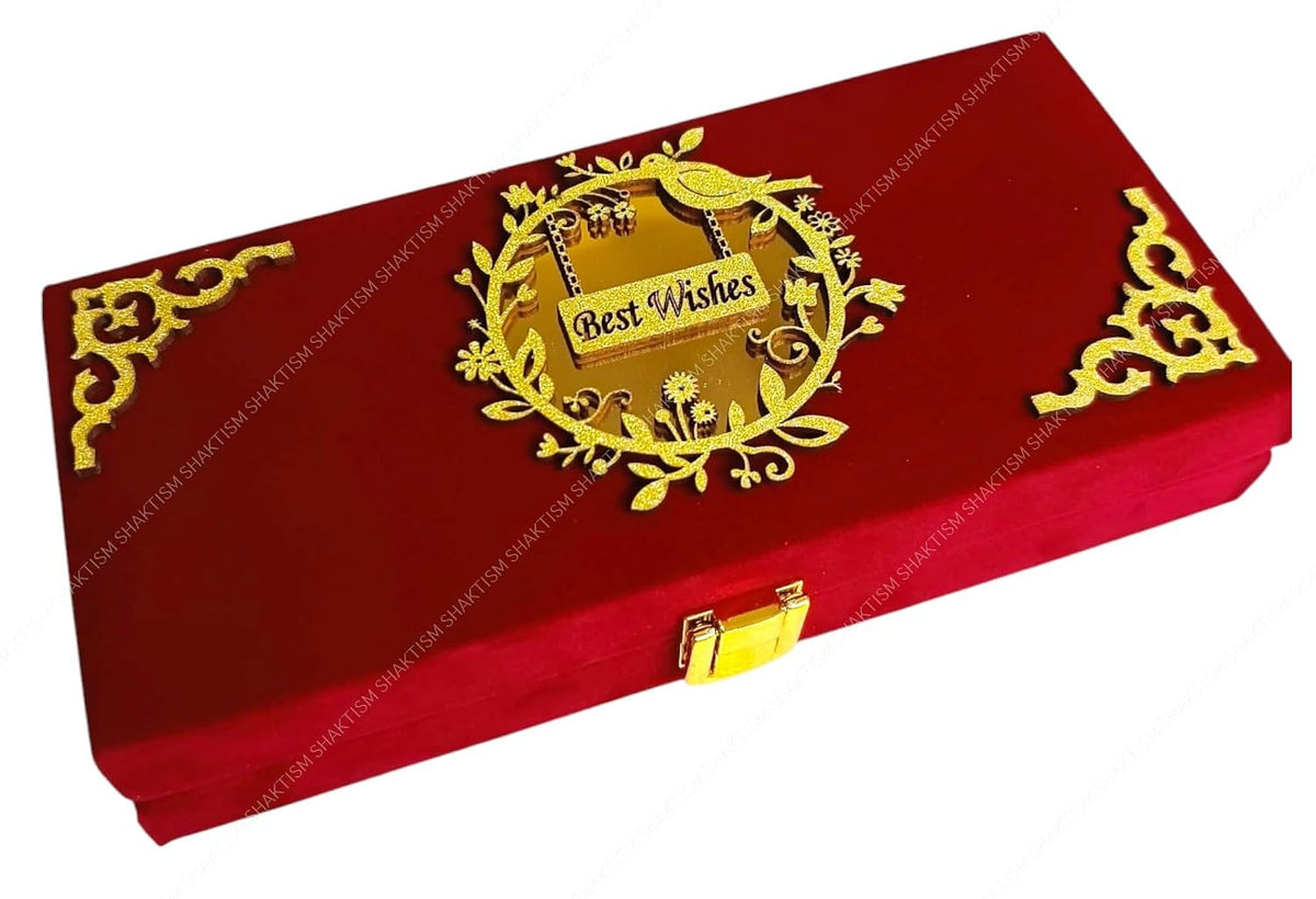 Best Wishes Decorative Cash Box With Clip Lock, Shagun Box, Jewellery Box, Money Box, Wedding Gift Box, Bangel Box, Designer Rectangular Floral Golden Box, Colour - Red