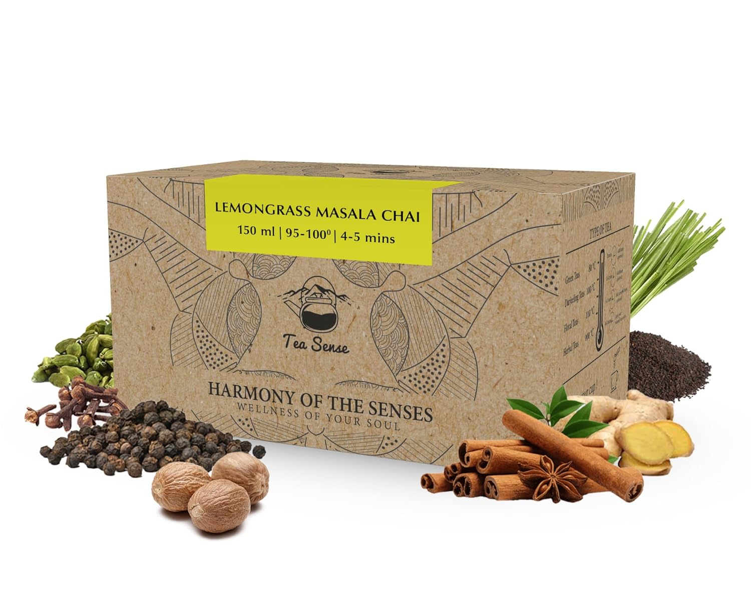 Tea Sense Lemongrass Masala Chai - 15 Pyramid Tea Bags | Assam CTC, Ginger, Cardamom, Clove, Cinnamon, Nutmeg, Black Pepper - Aromatic Chai Patti, High Caffeine | Zesty Spicy Blend