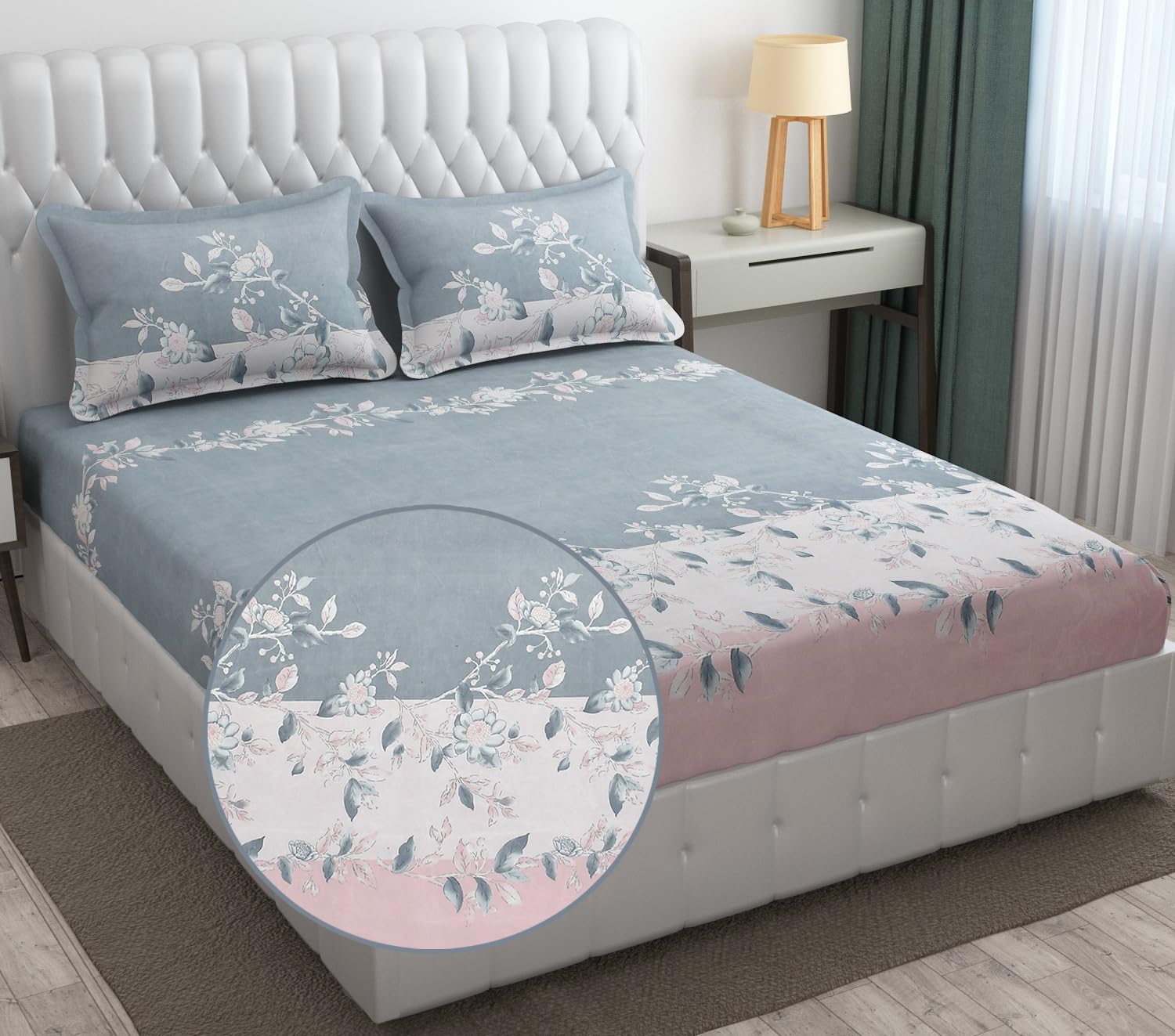 1 Elastic Fitted Bedsheet For King Size & 2 Pillow Covers - 78 X 72 Inches, Pink & Grey | Elegant Floral Print Design & Skin-Friendly
