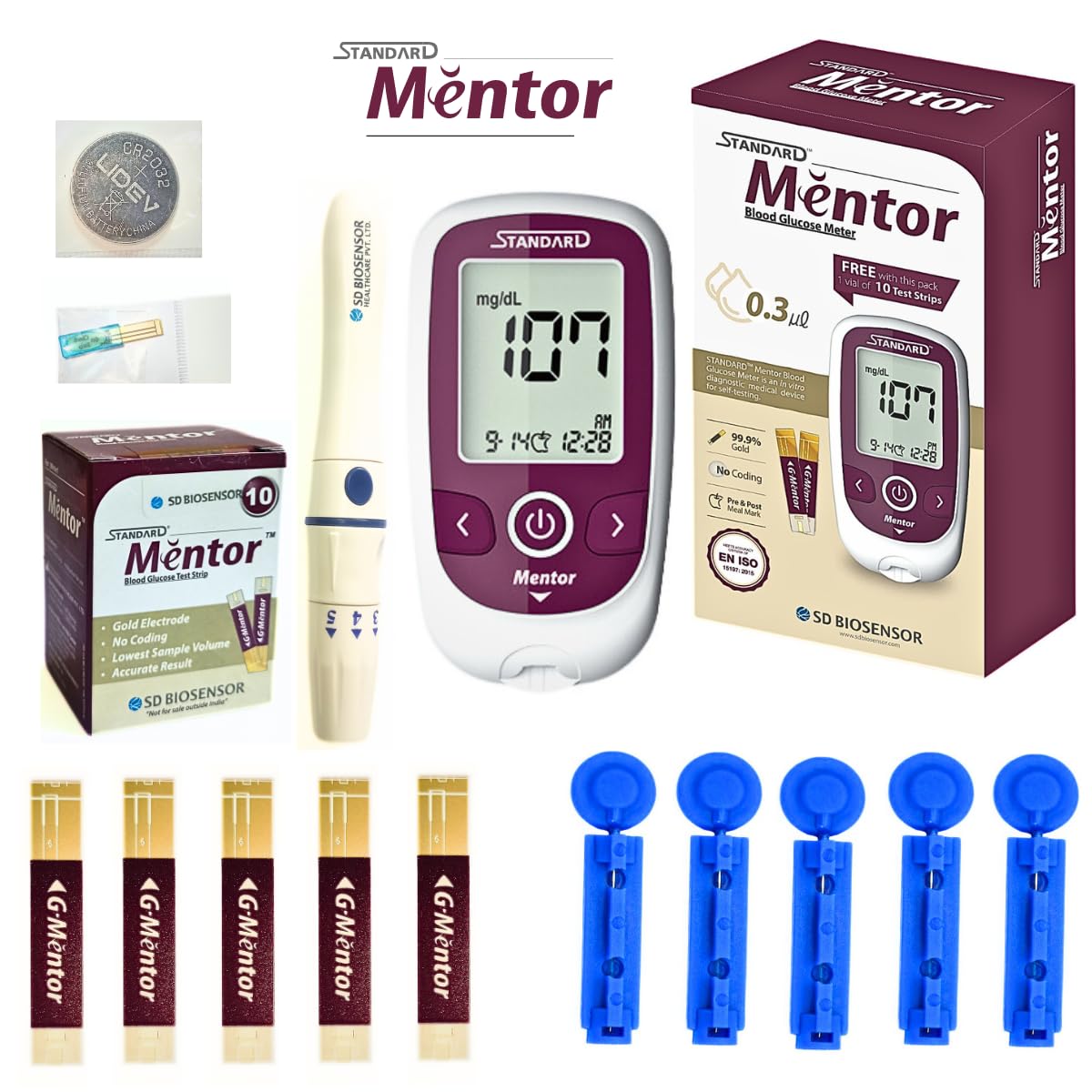 Standard Mentor Digital Blood Glucose Meter For Self Diabetes Testing Monitor Machine With 10 Strips & Complete Medical Device Kit - Glucometer