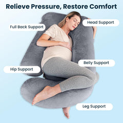 J Shape Full Body Pillow, Pregnancy Pillows For Sleeping, Dark Grey Color | Maternity Pillows For Back, Hips, Legs, Belly | For Pregnant Women With Removable, Washable Grey Velvet Cover