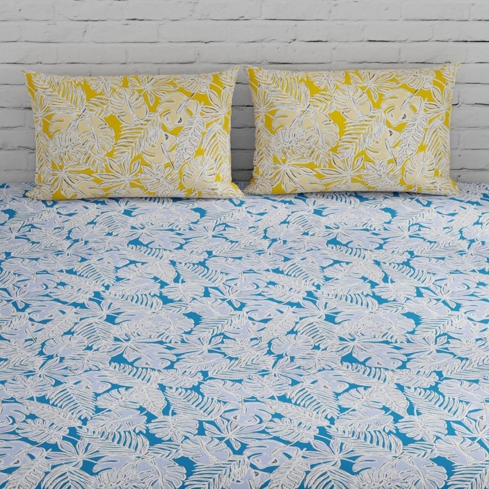 Blue & Yellow King Size Bedsheet With 2 Pillow Covers - 108 X 108 Inches | Cotton Bed Sheets Are Easy To Wash And Maintain At Home