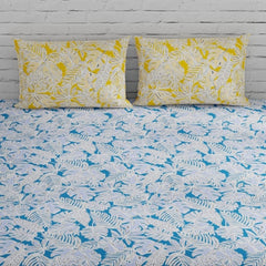 Blue & Yellow King Size Bedsheet With 2 Pillow Covers - 108 X 108 Inches | Cotton Bed Sheets Are Easy To Wash And Maintain At Home