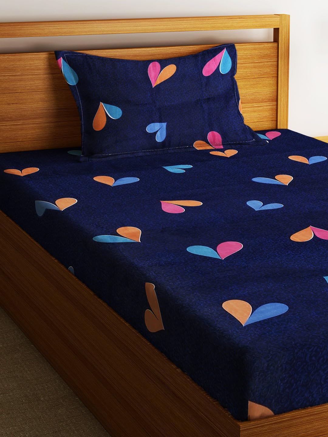 Single Bedsheet With 1 Pillow Cover - 55 X 86 Inches, Navy Blue | Normal Hand Wash Or Machine Wash | Breathable & Wrinkle Free