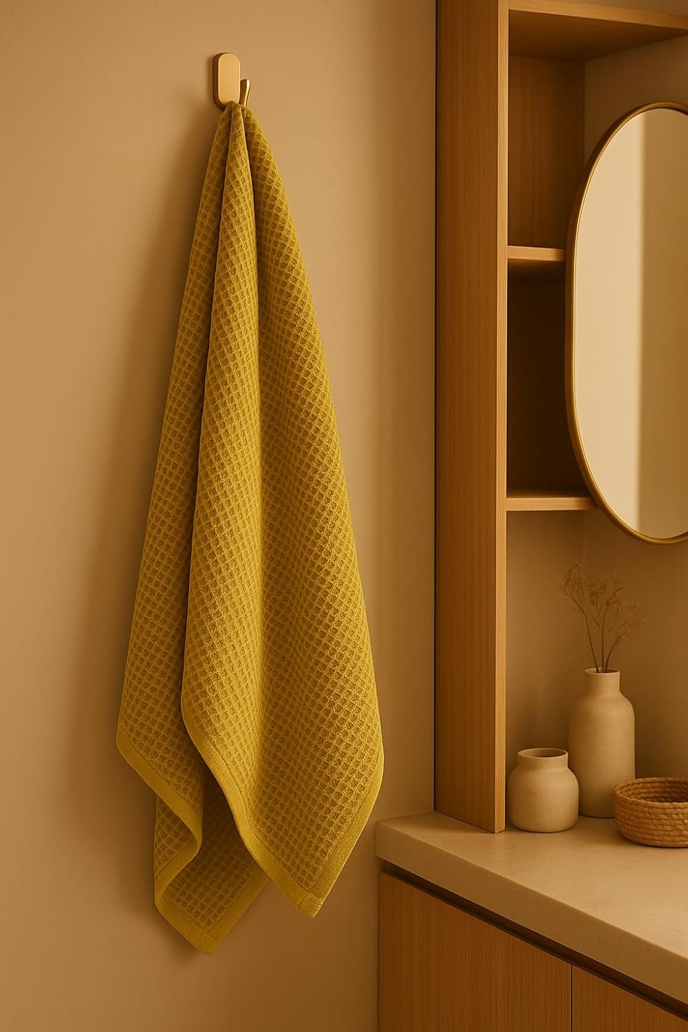 Drape&Luxe Gen-Z Towel Premium Waffle Cotton Bath Towel 600 Gsm | Super Soft & High Absorbency Towel, Quick Drying Large Size Towels (Buddha Gold) - Pack Of 1