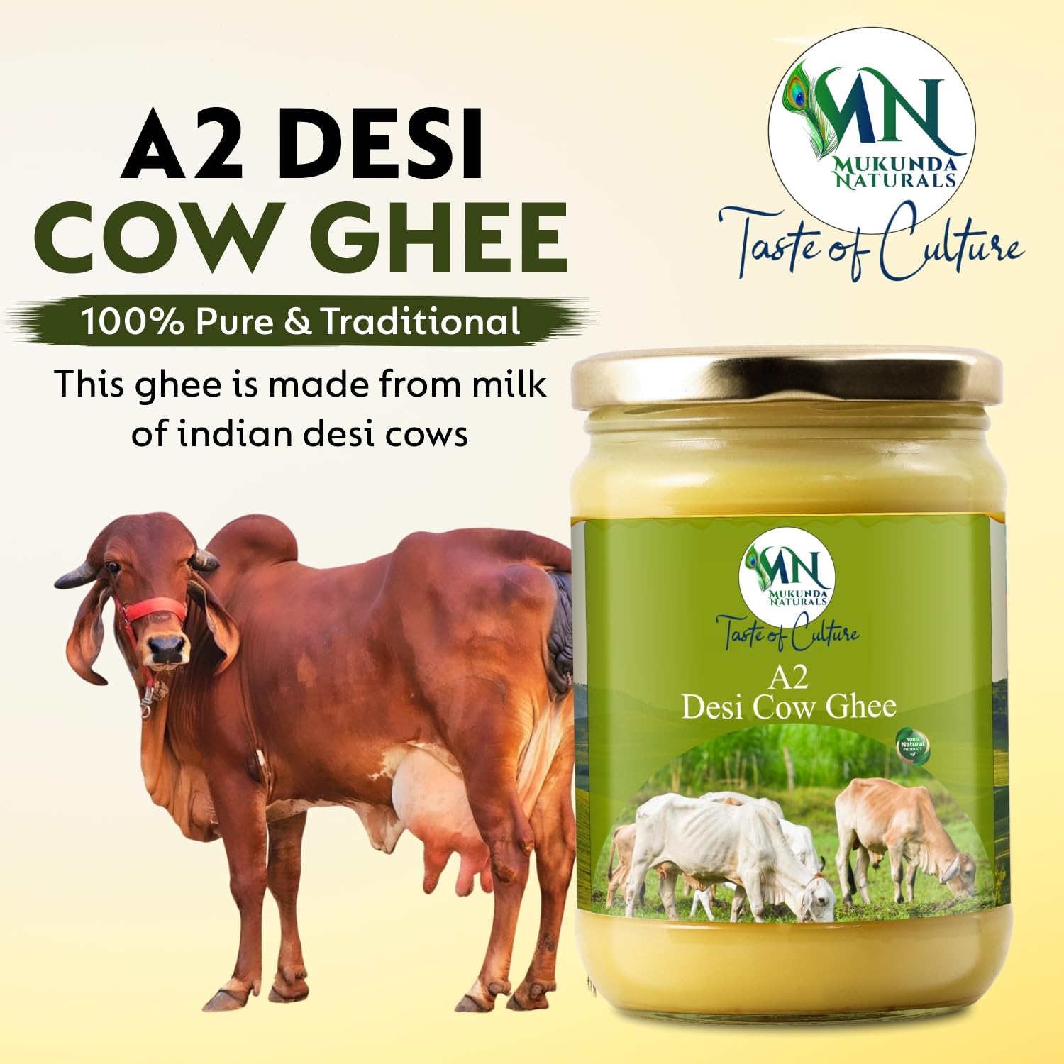 Pure A2 Desi Gir Cow Ghee By Mukunda Naturals | Traditional Bilona Method Grassfed Healthy Desi Cow Ghee Good For Frying & Baking | (1 Litre) 33.8 Ounce | Jar Pack