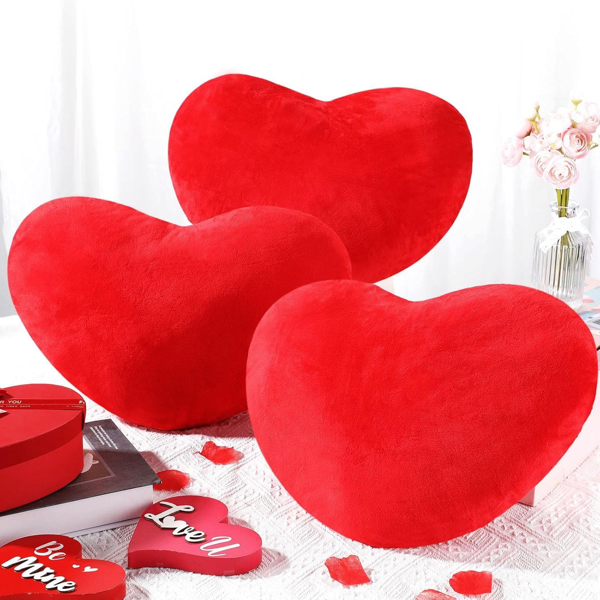Plush Heart-Shaped Decorative Cushions, Soft Red Valentine Pillows, Red - 12 X 10 Inch | Versatile Use - For Sofa, Thoughtful Gifts For Special Occasions & Celebrations - Set Of 3