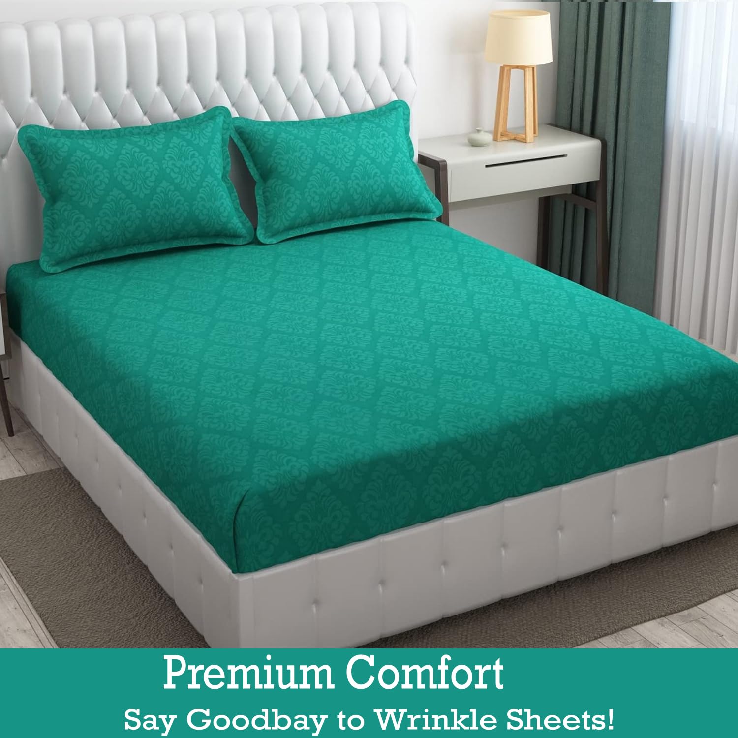 144 TC Rotary Printed King Size Bedsheet With 2 Pillow Covers - 90 X 95 Inches | Sea Green, Damas Design Bedsheet | Machine Washable & Wrinkle Resistant