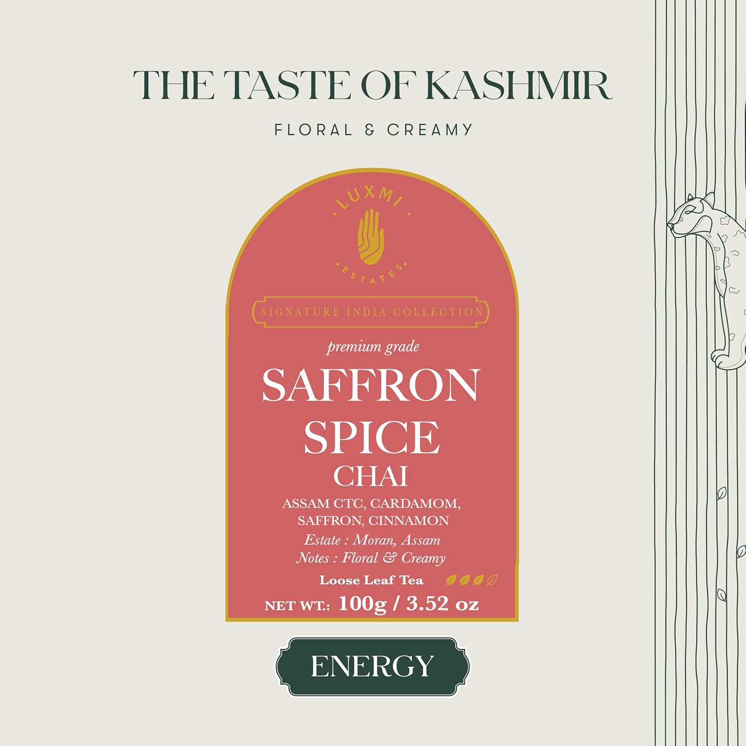 Luxmi Estates Saffron Spice Black Tea - 100gm, 3.5 Ounce | USDA Certified Organic Tea - Medium Caffeine Black Tea | Made With Kashmiri Saffron, Cinnamon, Natural Cardamom Extract - Assam CTC Tea