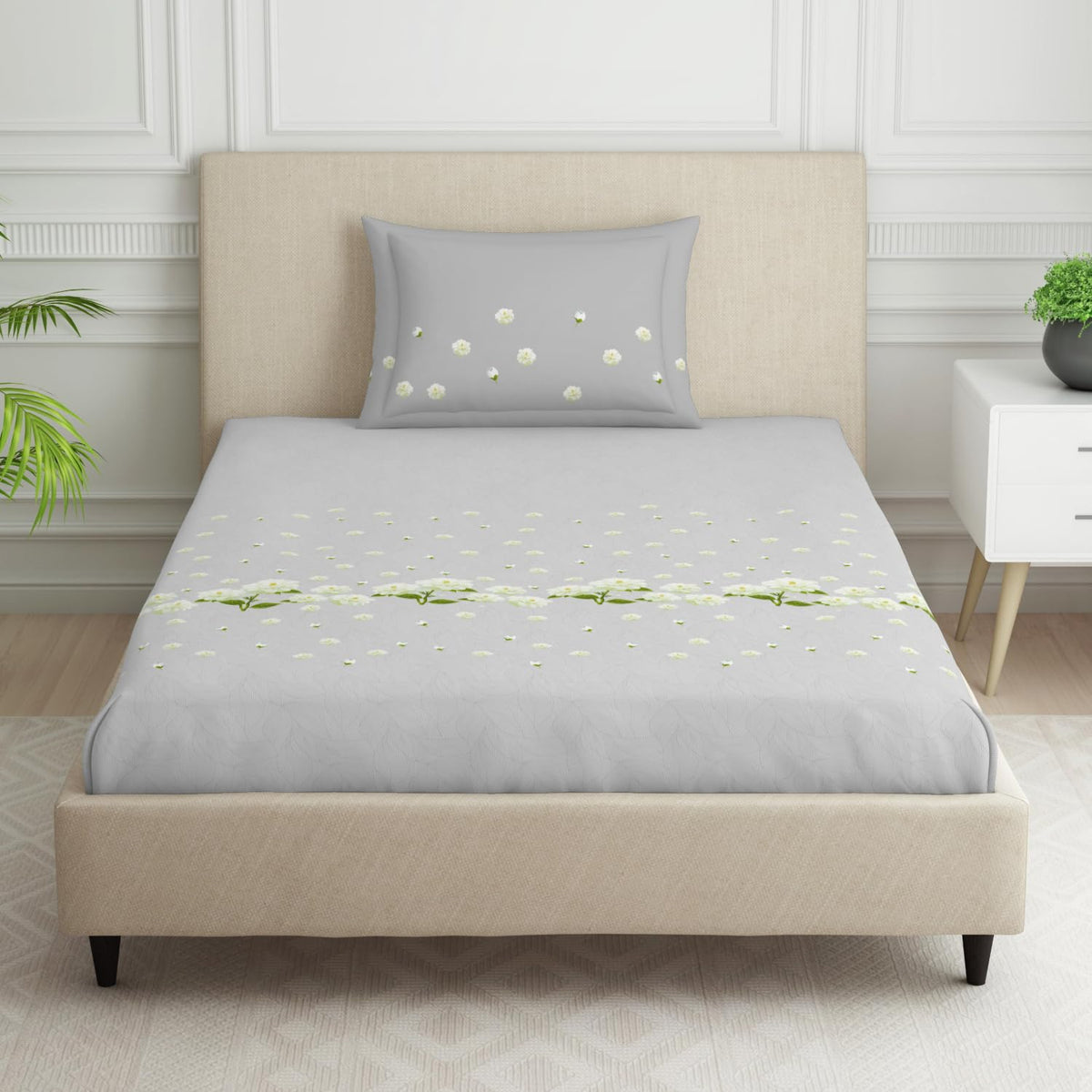 Single Bedsheet With 2 Pillow Covers (Size 60 X 88 Inches) Light Grey | 144 Thread Count Lightweight, Soft, Skin Friendly - Everyday Use Cotton Bedsheet