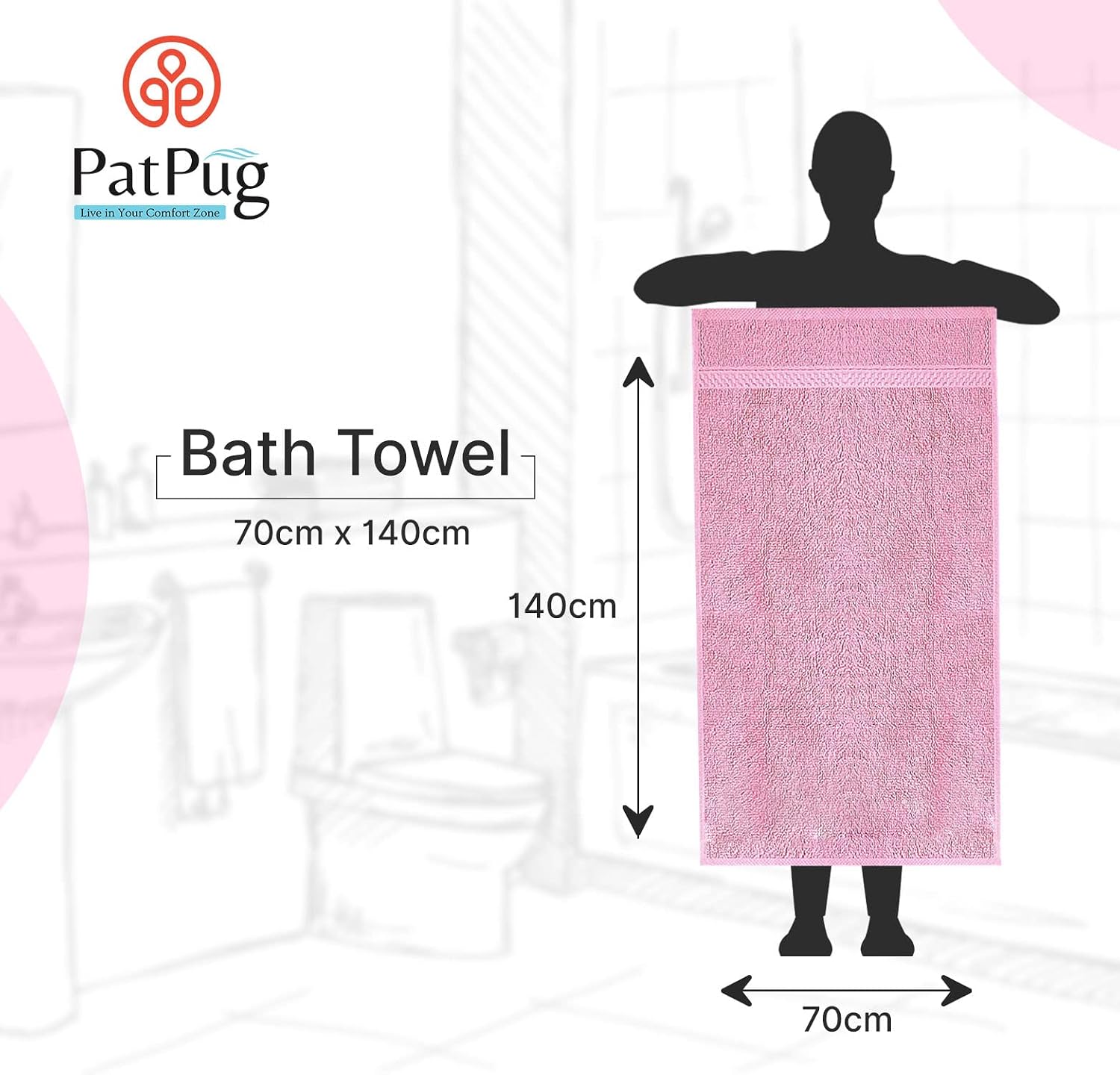 PatPug 100% Indian Ultra Soft Cotton 450 Gsm Bath Towel Large Bath Towel | Highly Absorbent Quick Drying Durable Towel For Men, Women & Kids (Baby Pink)
