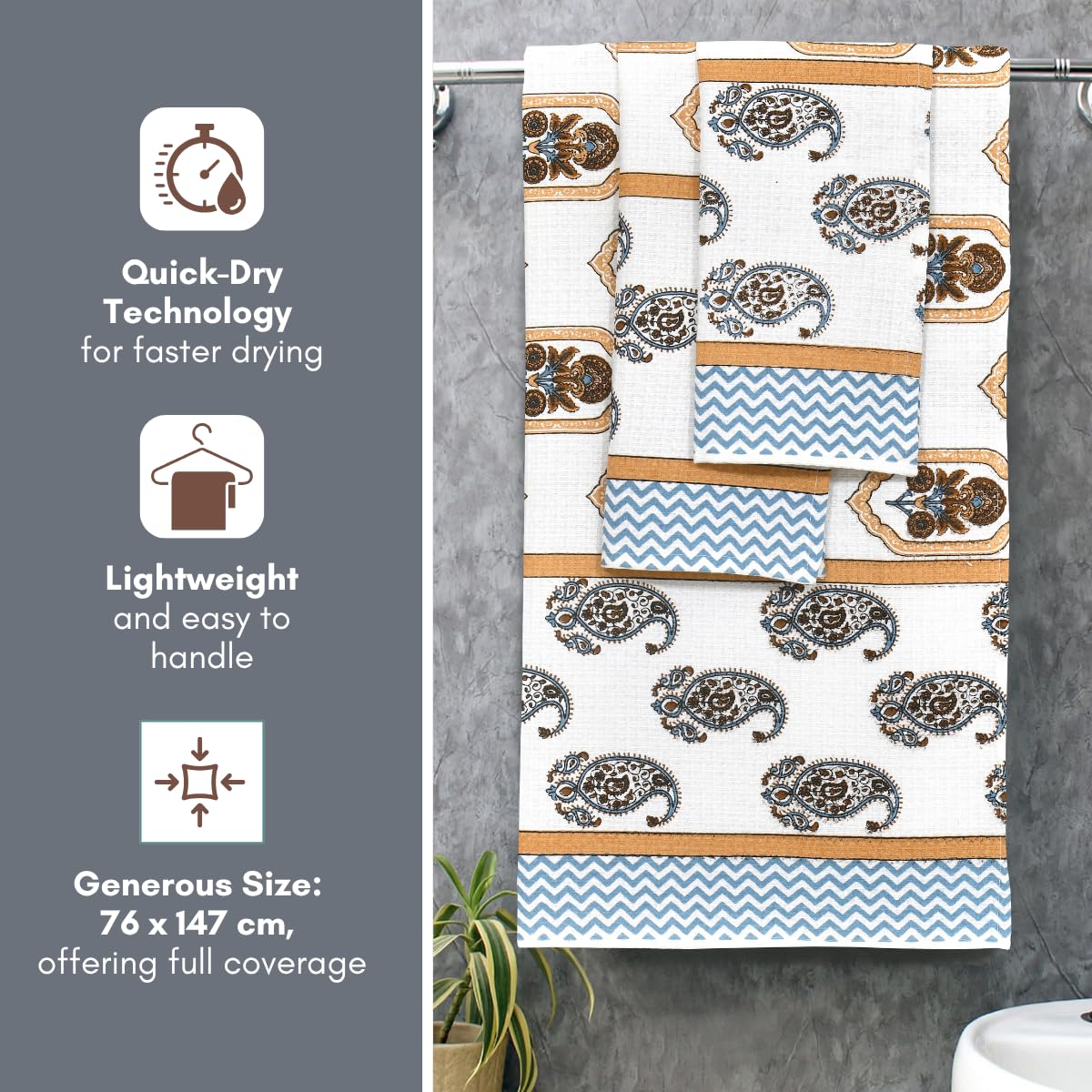 Mafatlal Madhuban Premium Waffle Cotton 1 Bath & 2 Hand Towel 700 Gsm | Hand Printed Floral Quick Dry, Soft & Absorbent Towel (Caribou) - 3 Pcs