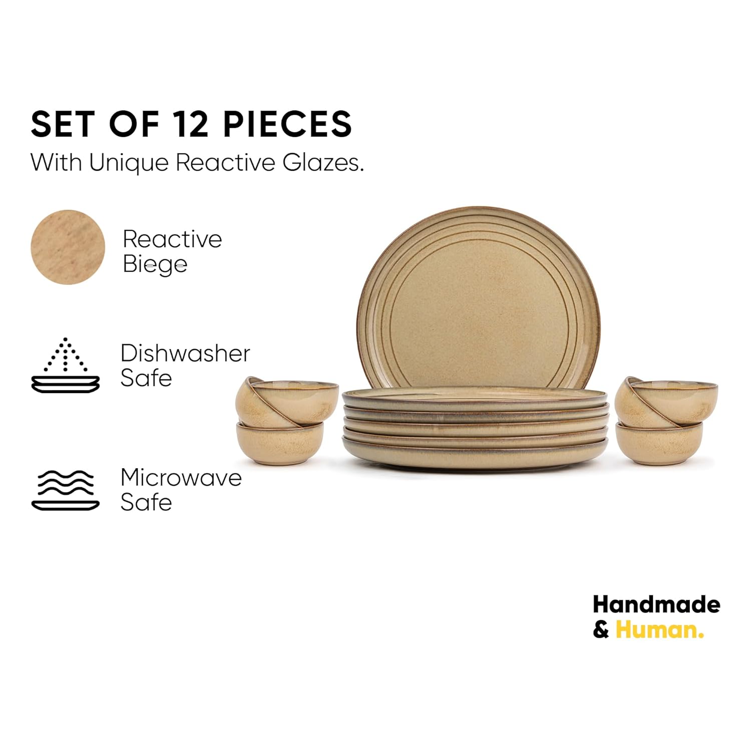 Ceramic Dinner Set Of 12 Pcs, Beige Reactive | Crockery Set For Dining Table - Dining Sets Crockery Items | Glossy Finish Premium Stoneware Dinner Set | 6 Dinner Plates+ 6 Veg Bowls, 180ml Each