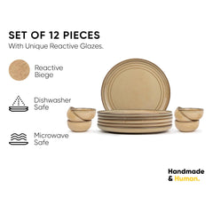 Ceramic Dinner Set Of 12 Pcs, Beige Reactive | Crockery Set For Dining Table - Dining Sets Crockery Items | Glossy Finish Premium Stoneware Dinner Set | 6 Dinner Plates+ 6 Veg Bowls, 180ml Each