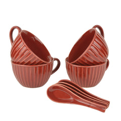 Studio Pottery Hand Glazed Ceramic Soup Cup With Spoon Set Of 4 - 300ml Each, Cherry Red | Cereal Cups - Maggi Serving Bowls