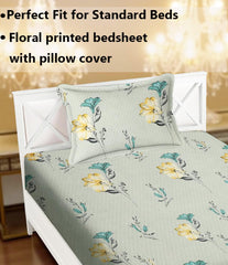 Printed Bedsheet For Single Bed With 1 Pillow Cover - 60 X 90 Inches, Yellow & Green | Super Soft - Glace Cotton Breathable & Wrinkle Free - 2 Pcs Set