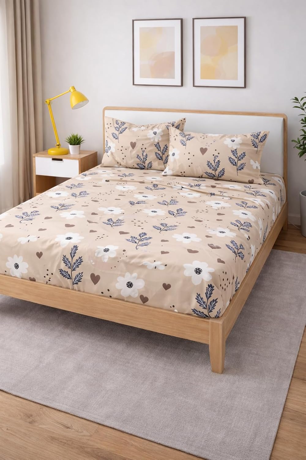 Elastic Fitted Bedsheet Queen Size With 2 Pillow Covers - 60 X 78 Inches, Cream | Lightweight, Soft & Comfortable | Durable & Long Lasting Wrinkle Resistant Fabric