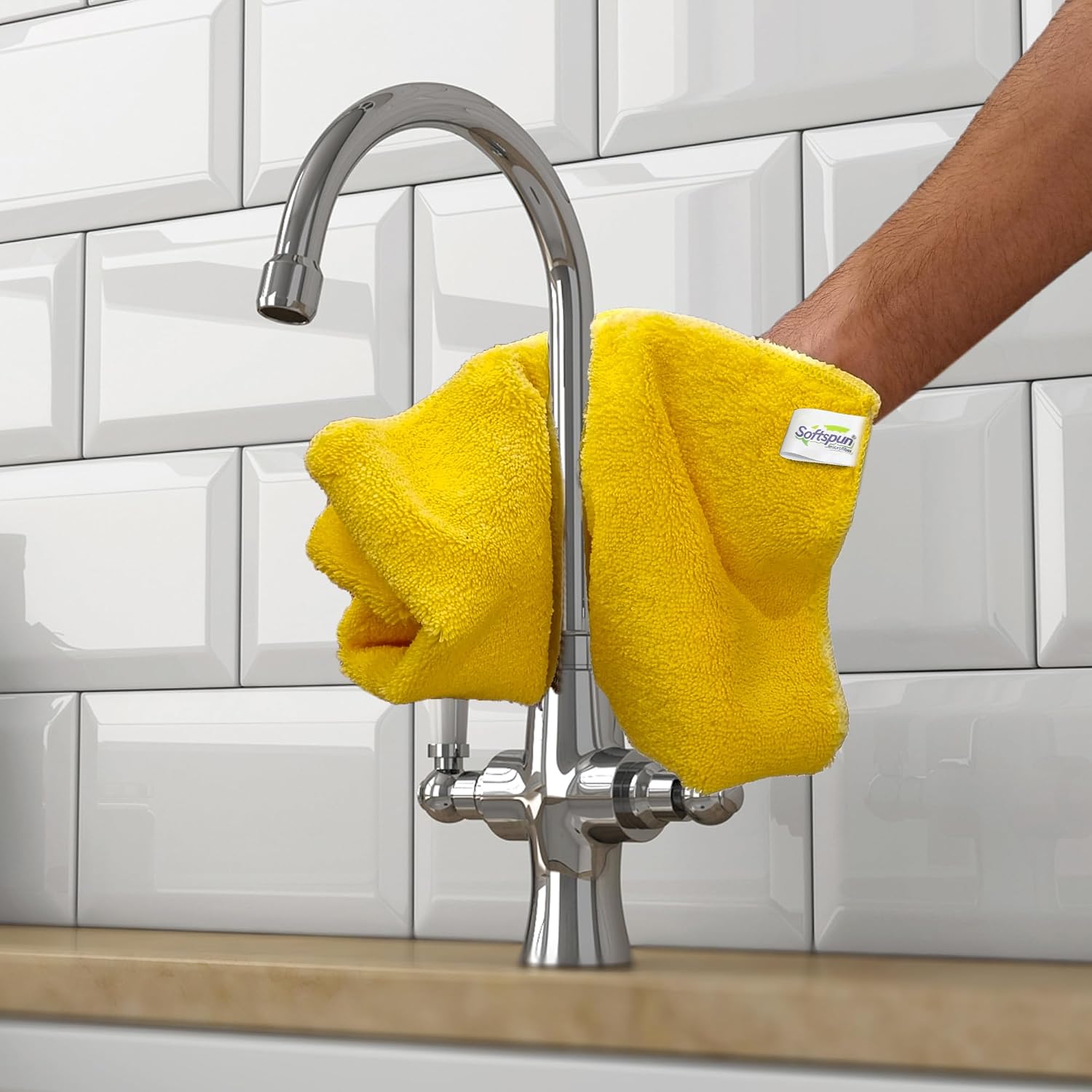 Softspun Microfiber High Loop Cleaning Cloths Towel 500 Gsm | Highly Absorbent, Lint & Streak Free, Multi-Purpose Wash Cloth For Kitchen, Window, Silverware - Pack Of 4 (Yellow)