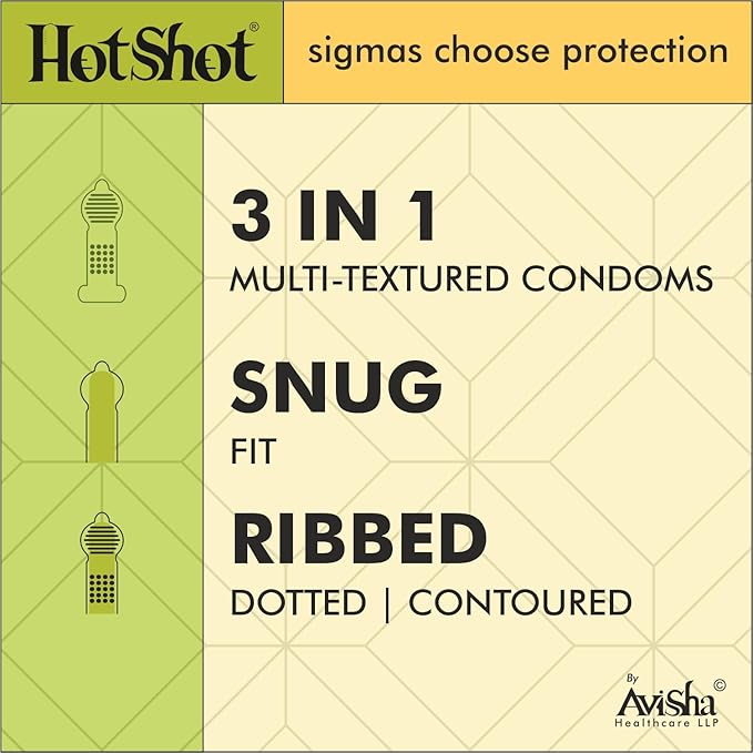 Hot Shot 3in1 Ribbed, Contoured, Dotted Condom For Men - 10 Count