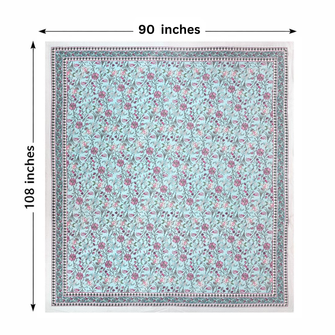 Hand Printed Double Bedsheet For King Size With 2 Pillow Covers | 90 X 108 Inches, Aqua & Pink | Ultra-Soft & Skin-Safe | Breathable Summer Comfort