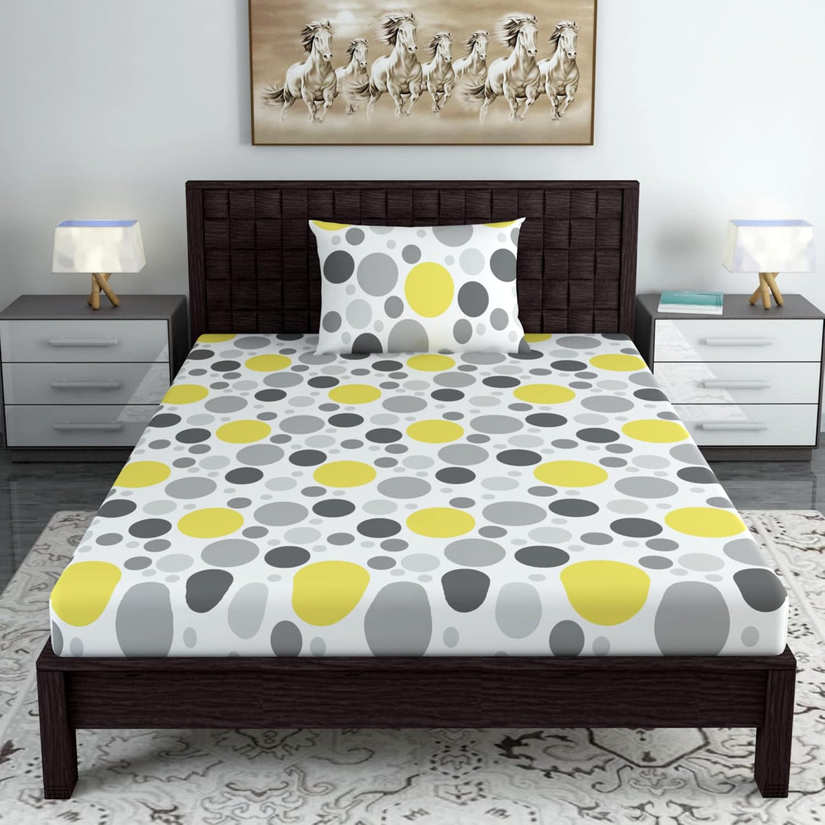 100% Cotton Single Bedsheet With 1 Matching Pillow Covers - 57 X 87 Inches, Grey & White | All Weather Comfort & Bedroom - Softness & Natural Breathability