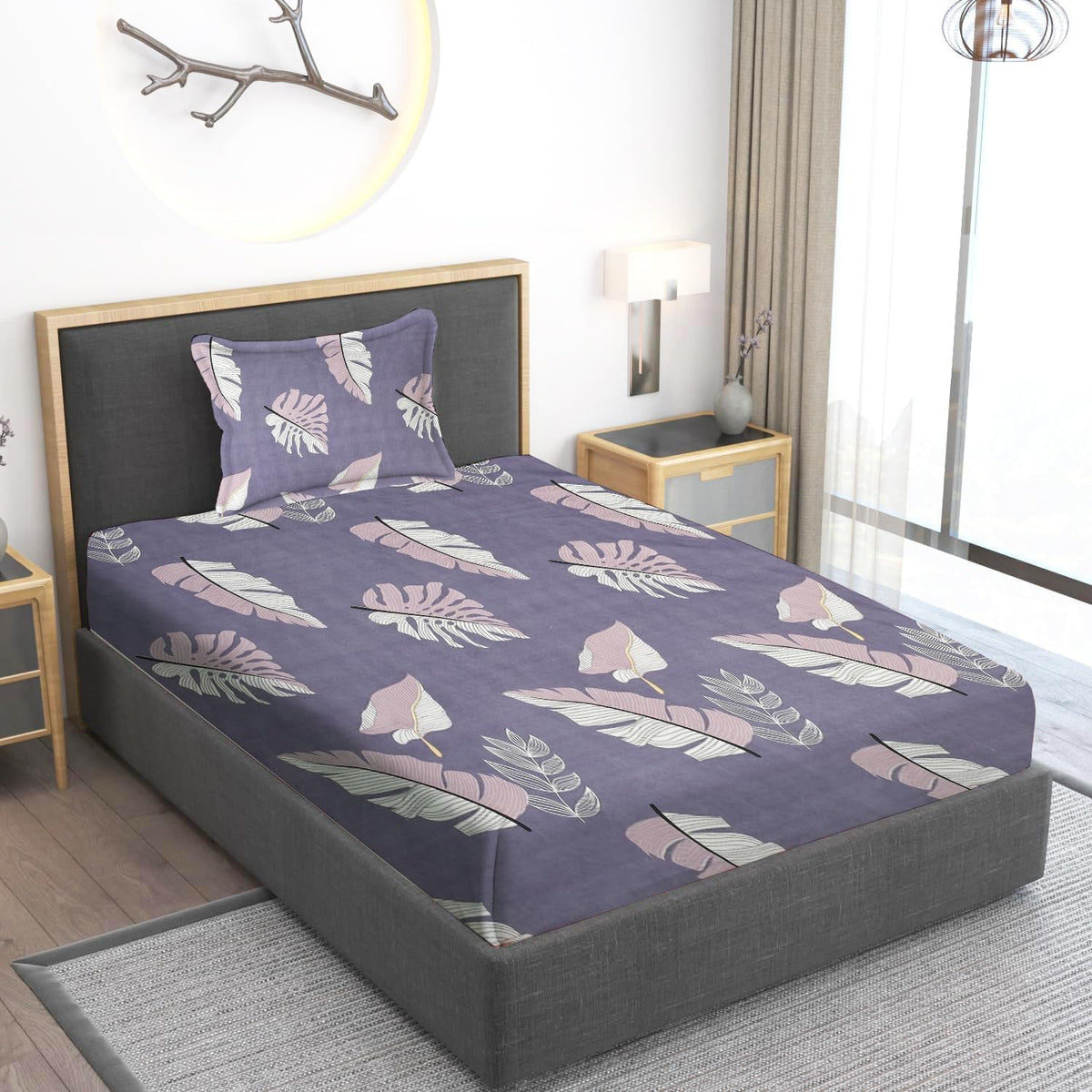 Printed Single Bedsheet Size With 1 Pillow Cover - 60 X 90 Inches, Grey Dark | Cotton Wrinkle Free Soft, Breathable | Durable & Long-Lasting