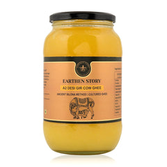 Premium A2 Cow Desi Ghee By Earthen Story | Ancient Bilona Method | Cultured Desi Ghee Good For Brain Health | (1 Litre) 33.8 Ounce | Jar Pack