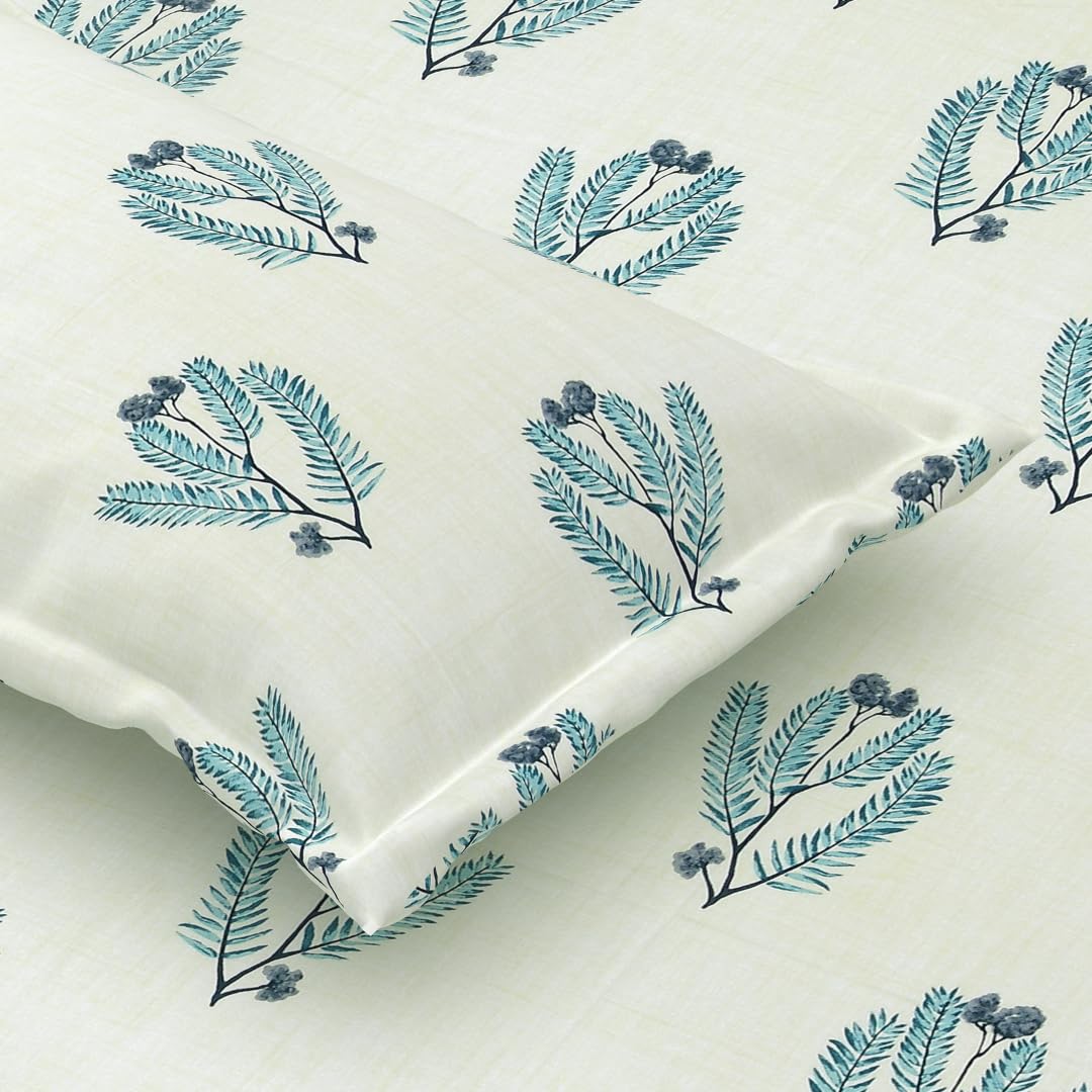 Super King Pure Cotton Bedsheet With 2 Pillow Covers | 108 × 108 Inches, Green | Soft Breathable Floral Design Bedding | Comfortable Sleep All Year